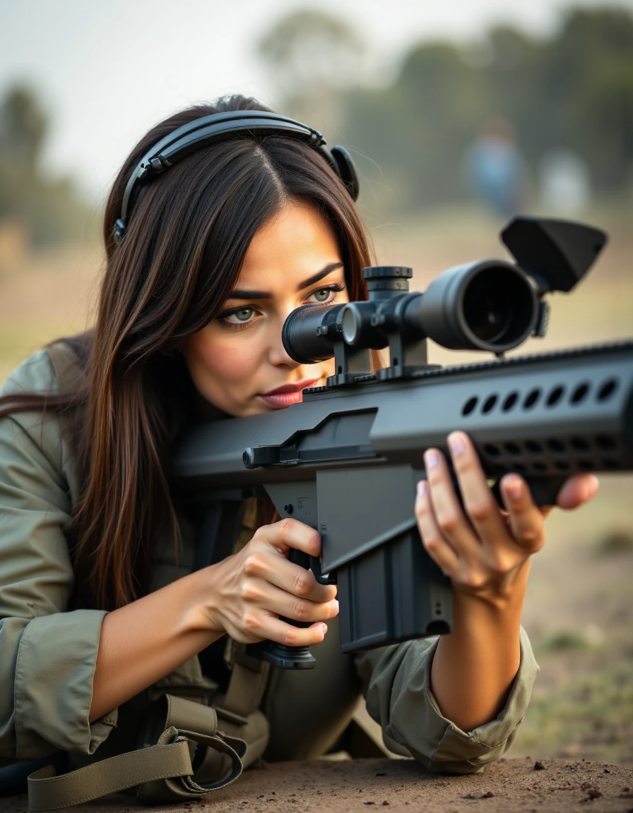 realistic photo of liluhs, a woman, she aims a Barrett M82, <lora:Barrett_M82:1>, weapon, gun, rifle, sniper rifle, scope, military, <lora:Liluhs:1>