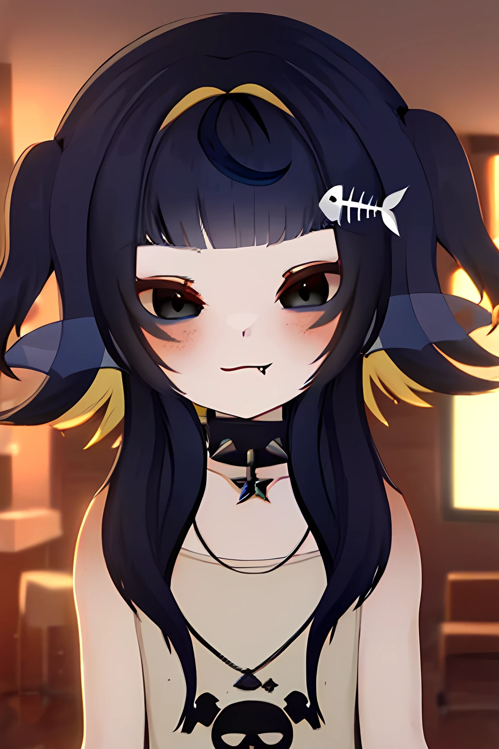 1girl,Emoyon,<lora:Emoyon-000008.TA_trained:1>,virtual youtuber,blonde hair,solo,collar,hair ornament,spikes,spiked collar,jewelry,necklace,blush,official wallpaper,wallpaper,top tank,fang