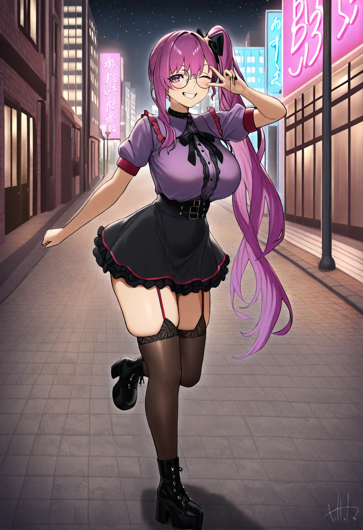 best quality, amazing quality, very aesthetic, full body, <lora:Tetto:1>, solo, 1girl, fate \(series\), fate/grand order, bb \(fate\), purple hair, very long hair, high side ponytail, purple eyes, large breasts, star hair ornament, glasses, round eyewear, alternate costume, jirai kei, purple shirt, puffy short sleeves, frilled shirt, frills, (red trim), black neck bow, black skirt, frillled skirt, black thighhighs, garter straps, skindentation, black boots, ankle boots, platform boots, standing on one leg, foot up, v over eye, smile, grin, teeth, one eye closed, blush, looking at viewer, city, sidewalk, building, road, outdoors, night, city lights, neon lights, <lora:ChamIllustriousBackgroundEnhancer:1>, <lora:Simulacrum-v12-LUXL-LOHA-lr0005-v3:1>