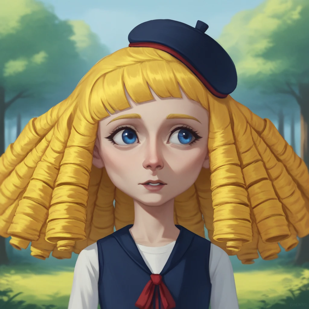 score_9_up, score_8_up, BREAK, NanetteManoir, 1girl, solo, blonde hair, ringlets, blue eyes, hat, white t-shirt, vest, long sleeves, upper body, <lora:NanetteManoir_PXL_Leaf2:1>, outdoors, forest,