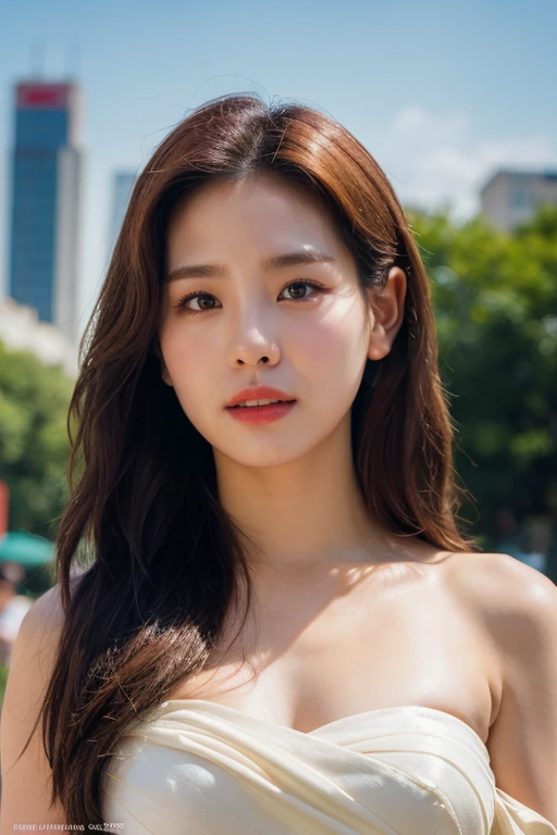 masterpiece, best quality, ultra-detailed, ultra high res, (photorealistic:1.4), raw photo, (realistic:0.2), 8k HDR, realistic cool temperature lighting, (asian:0.2), 1girl, solo, asymmetrical hair, outdoor, day, (simple background:1.2), bokeh, (detailed lips), (detailed pores), (detailed skin textures with pinkish tinge), (detailed face:1.2), (upper body:1.2), a woman in a white strapless tube dress, promotional image, a character portrait,