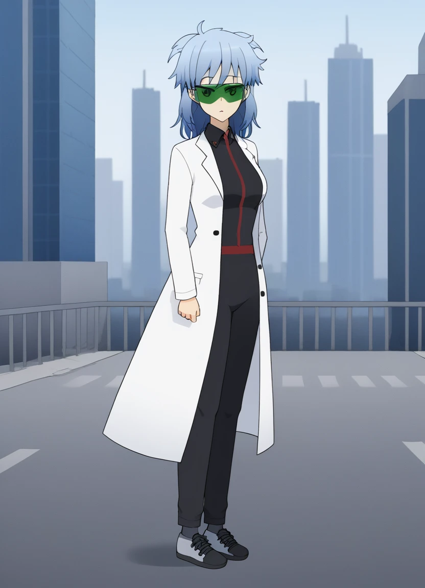 score_9, source_anime, cowboy shot, from side, jennygamerfox, human, female, 1girl, solo, blue hair, visor, lab coat, jacket, pants, black shirt, shoes , dynamic pose, outdoors, city <lora:jenny_gamerfox_oc:0.85>