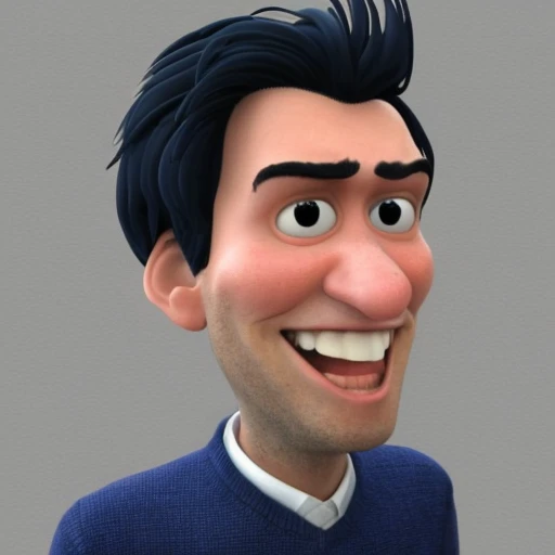 Disney pixar style 3D caricature with big head. A man with long messy black hair, thick straight black eyebrows, cheerful dark black eyes. He has a medium sized proportional nose, giving off a friendly and happy impression. wearing a blue sweater. Young peaches background. The skin and facial textures are very detailed. Disney 3D pixar style, 3D rendering, ultra realistic, UHD, best quality, colorful art, 8K