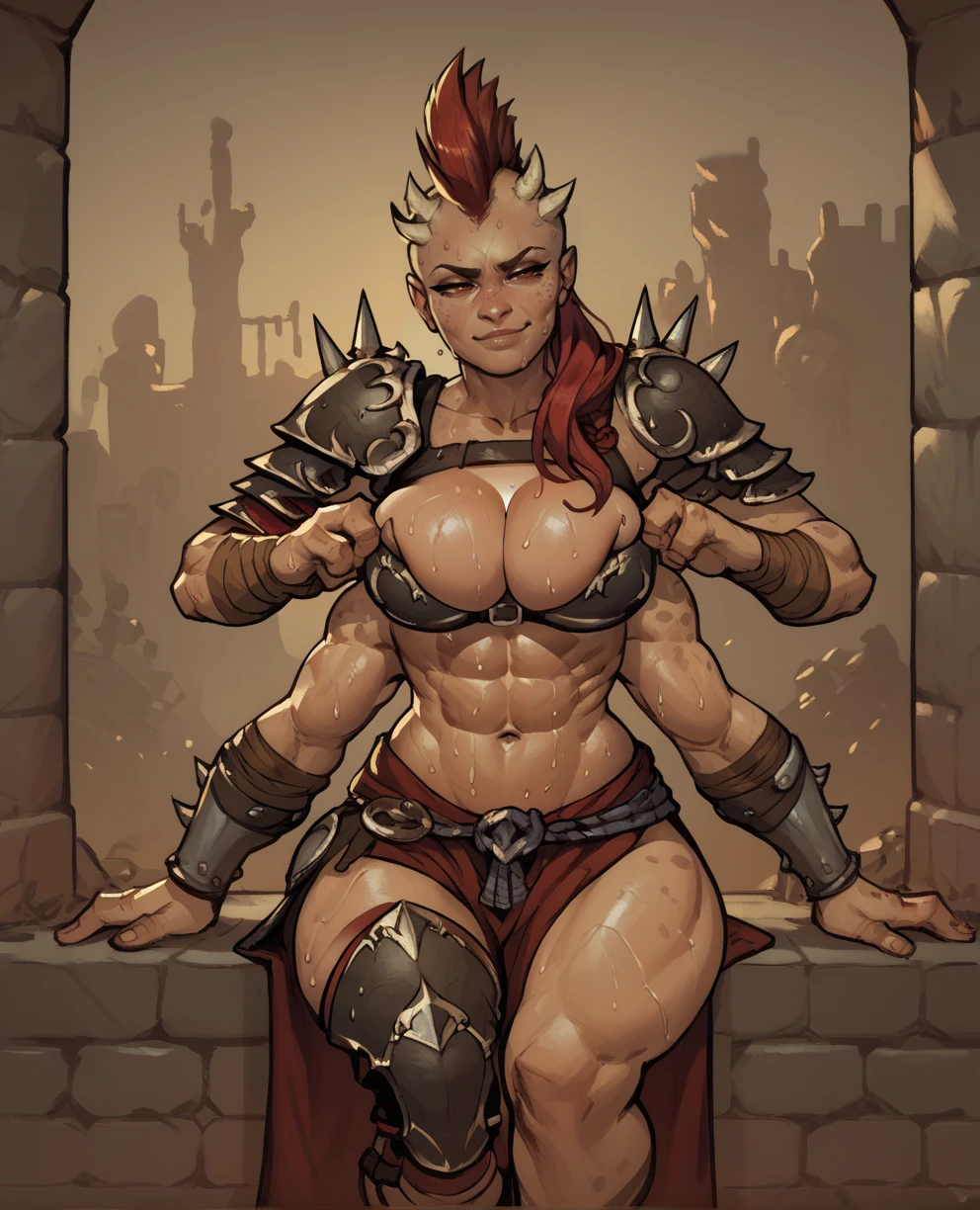 score_9,score_8_up,score_7_up,score_6_up,
Sheevaxl,small horns,red eyes,4 arms,long hair,red hair, mohawk, 
armor,cleavage,large breasts,toned,navel,sweat,
hips,smug,
sitting,
outside,dungeon,
standing,<lora:Sheevamk11XL:0.9>,