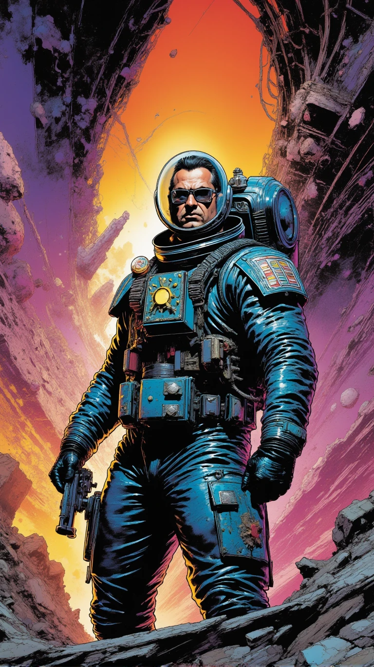 A charismatic male astronaut, clad in a futuristic sleek spacesuit, holds a vintage-inspired laser pistol aboard a colossal, abandoned spacecraft adrift in the vast expanse of deep space. Retro-futuristic sci-fi aesthetic, with dramatic and moody lighting casting shadows across the intricate metallic surfaces. The scene is illustrated in a cinematic, dynamic shot with vibrant digital art techniques, reminiscent of classic sci-fi films. Inspired by the aesthetic sensibilities of iconic retro sci-fi artists, with a dreamlike atmosphere and a modern twist QVL style