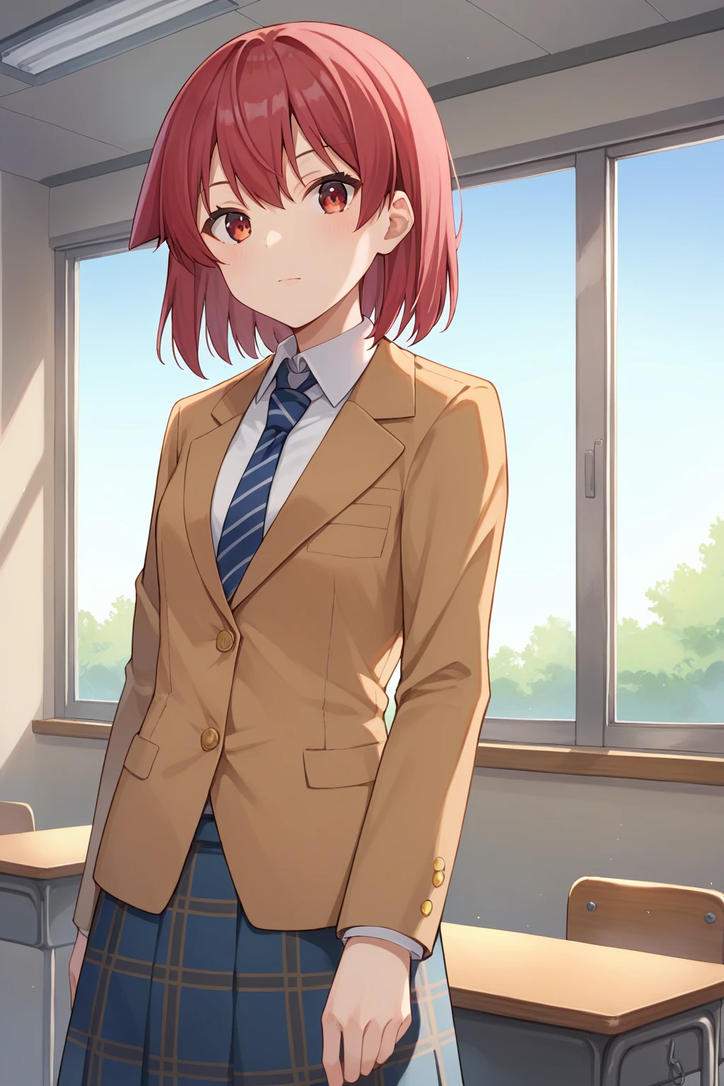 score_9, score_8_up, score_7_up, source_anime, terumiyanaga, 1girl, solo, red hair, medium hair, red eyes, school uniform, blazer, brown jacket, white shirt, collared shirt, long sleeves, plaid skirt, blue skirt, pleated skirt, necktie, striped necktie, blue necktie, looking at viewer, closed mouth, indoors, classroom, cowboy shot, <lora:miyanaga_teru_XL:0.9>