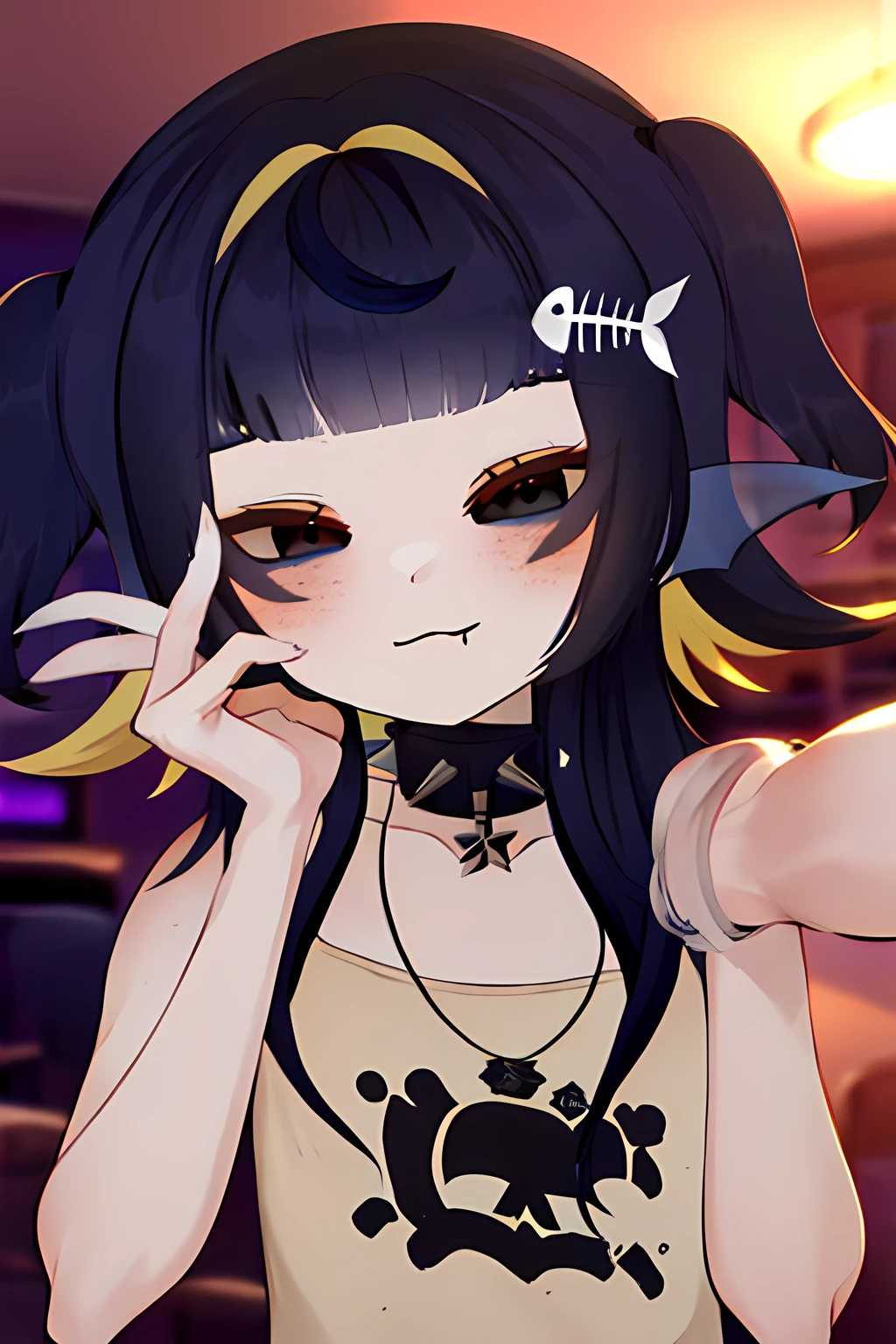 1girl,Emoyon,<lora:Emoyon000010TA_trained>,virtual youtuber,blonde hair,solo,collar,hair ornament,spikes,spiked collar,jewelry,necklace,blush,official wallpaper,wallpaper,top tank,fang