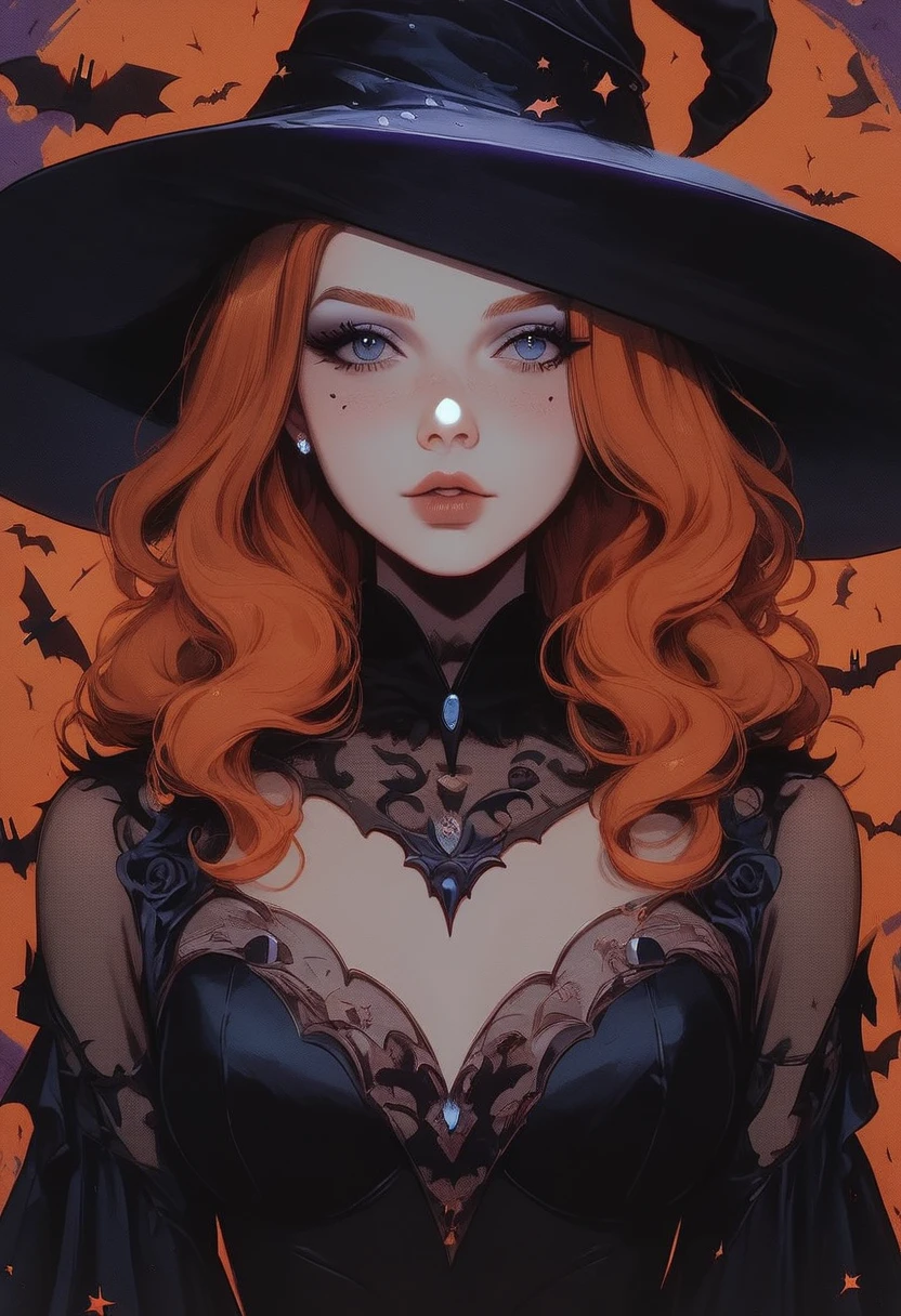 score_9, score_8_up, score_7_up, GLSHS, halloween, halloween background , 1girl, staring at viewer , black witch costume , orange hair , blue eyes , ((Masterpiece, high quality, best quality, beauty and aesthetics,detailed face))