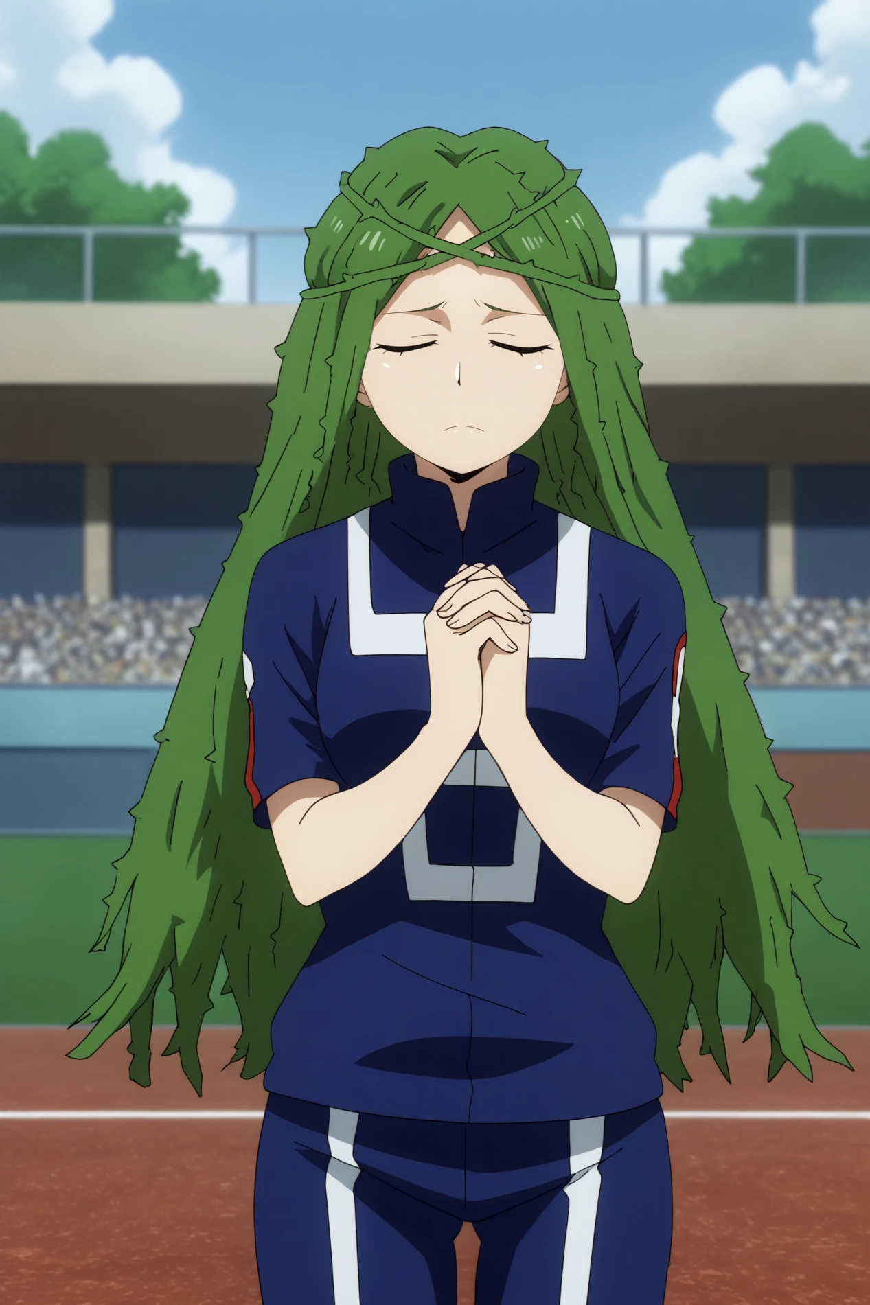  ibara shiozaki,1girl,solo,long hair,plant,track suit,vines,black eyes,sportswear,thorns,own hands together,praying,closed eyes,own hands clasped,soccer uniform BREAK outdoors,open field,tall trees,school buildings, light breeze    <lora:Ibara_Shiozaki_-_My_Hero_Academia.safetensors:0.8>