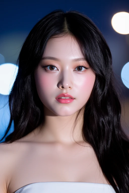 (medium full shot), beautiful korean woman with natural makeup, natural lips, wavy hair, wearing strapless tube dress, city at night background, natural lighting, dslr, soft lighting, high quality, film grain, light reflections, blood vessels, pale skin, skin pores, blood vessels in sclera, detailed skin, realistic skin, skin fuzz, bokeh, (no watermark). <lora:Tissue_Haerin_Flux_v1.0-LowRep:1>