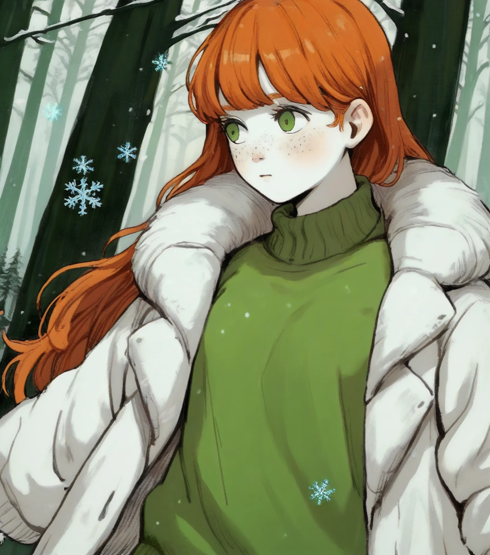 score_9, score_8_up, score_7_up,
source_anime, solo, dutch angle,
look away,
1girl, long hair, straight hair, ginger hair, bangs, pale skin, white skin, green eyes, freckles, moles,
medium breast, (white fur jacket), green sweater,
snowflakes, snowfall,
forest pine,