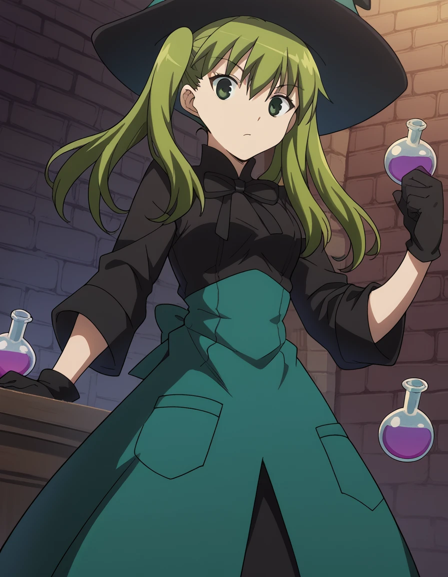 score_9, score_8_up, score_7_up, source_anime, <lora:carnivalphantasm-chikagi-katsuragi-ova-ponyxl-lora-nochekaiser:1>, chikagi katsuragi, long hair, twintails, green eyes, green hair, bangs, medium breasts, <lora:wizard-ponyxl-lora-nochekaiser:1>, wizard, wizard hat, robe, dress, long sleeves, gloves,, indoors, bricks, potion, flask, vial,, cowboy shot,, , dutch angle, cowboy shot