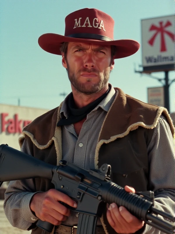 The man with no name is wearing a cowboy outfit and a red baseball cap with the text MAGA. he is holding a machinegun in front of a wallmart<lora:The_man_with_no_name:0.9>