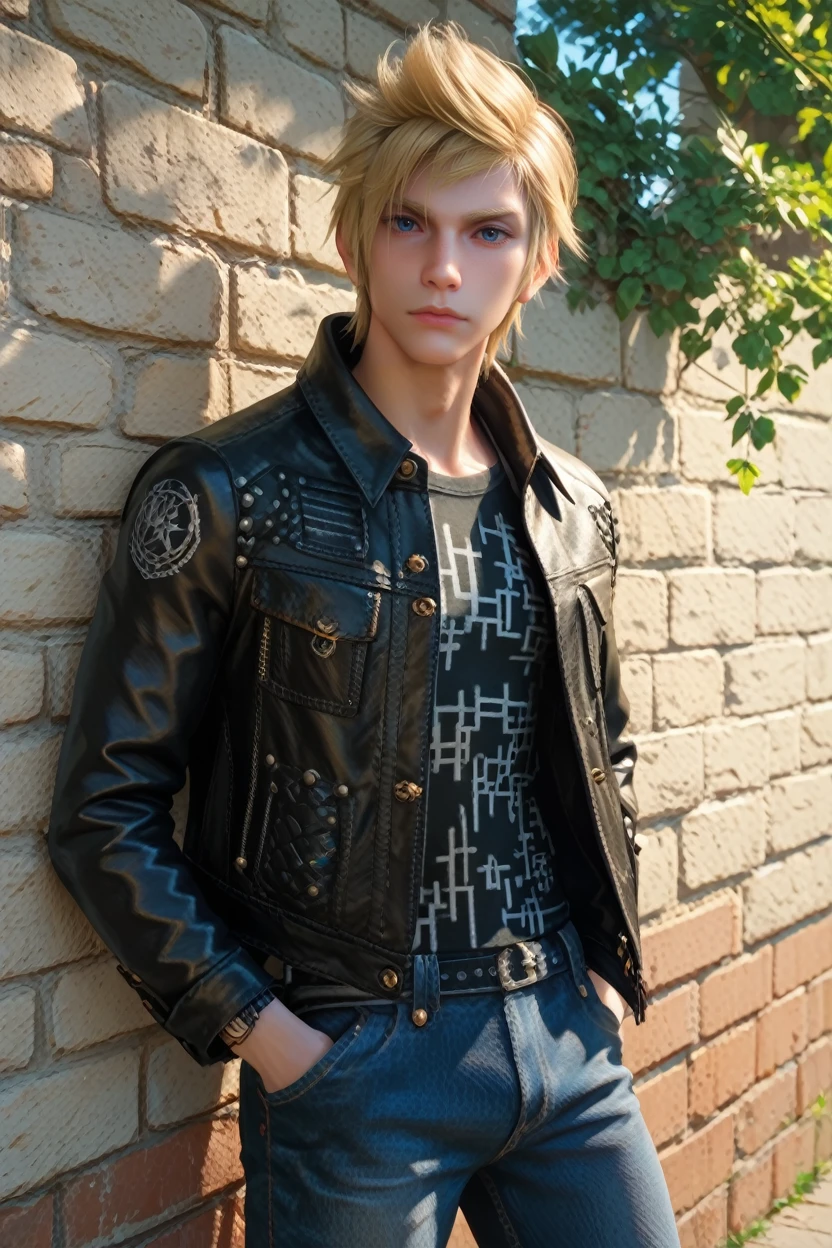 score_9, score_8_up, score_7_up,
<lora:FFPrompto:0.8>
FFPrompto, 1boy, blonde hair, blue eyes, looking at viewer, leaning against wall, outside, leather jacket, jeans, hands in pocket, at night