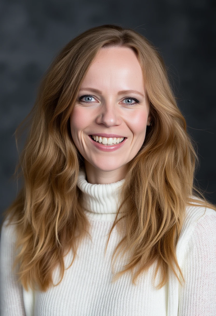 A professional portrait photo of sarahbosetti, a woman. She is smiling widely, showing her teeth. She is wearing a white knit turtleneck sweater. The background is blurry and shows a dark gray professional photo studio canvas.