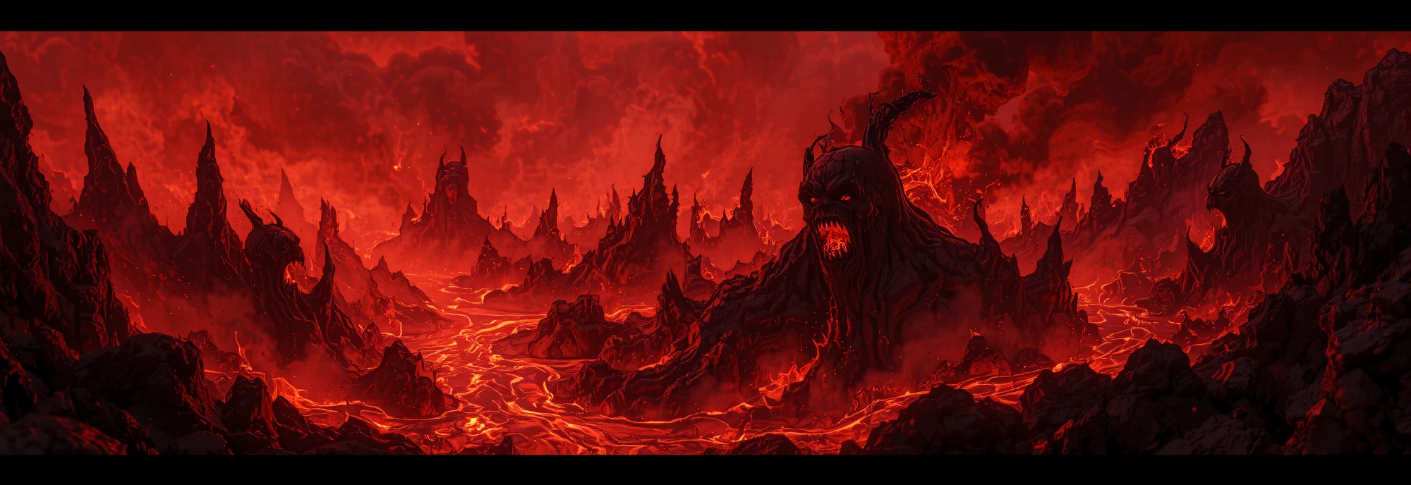 An ominous and foreboding scene of hell, filled with blazing fire, rivers of lava flowing between jagged rocks, and dark skies swirling with red and black clouds. Shadows of tortured souls emerge from the flames, their faces twisted in agony and despair. The atmosphere is heavy with a sense of suffering, chaos, and hopelessness, where the heat seems almost tangible, distorting the air. Glowing embers rise from the ground, creating an eerie glow that highlights the grotesque shapes and twisted forms of the landscape.
