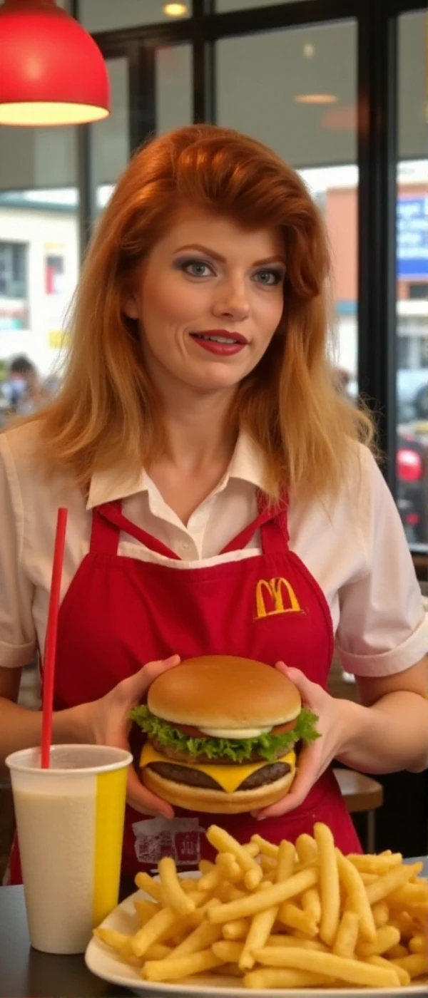 Vivienne Fovéa is a redhead woman. She is  is working in a mc donalds and wears the mc donalds uniform. She serves hamburger and fries <lora:Vivienne_Fovéa:0.9>