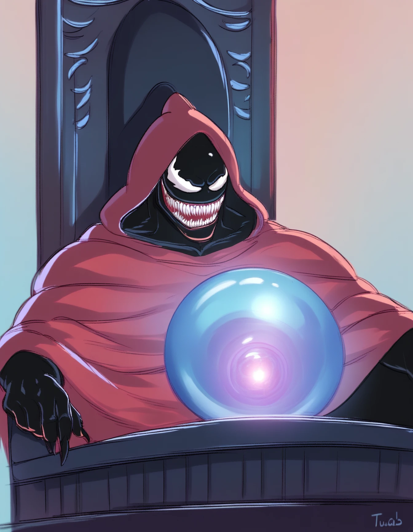score_9, score_8_up, score_7_up, score_6_up, score_5_up, score_4_up
Venom, black body, sitting, orb, throne, crystal ball, chair, hooded cloak, robe, hood up, solo
<lora:Venom_XL:0.8>
<lora:PonderingMyOrbMeme_pdxl_Incrs_v1:1>