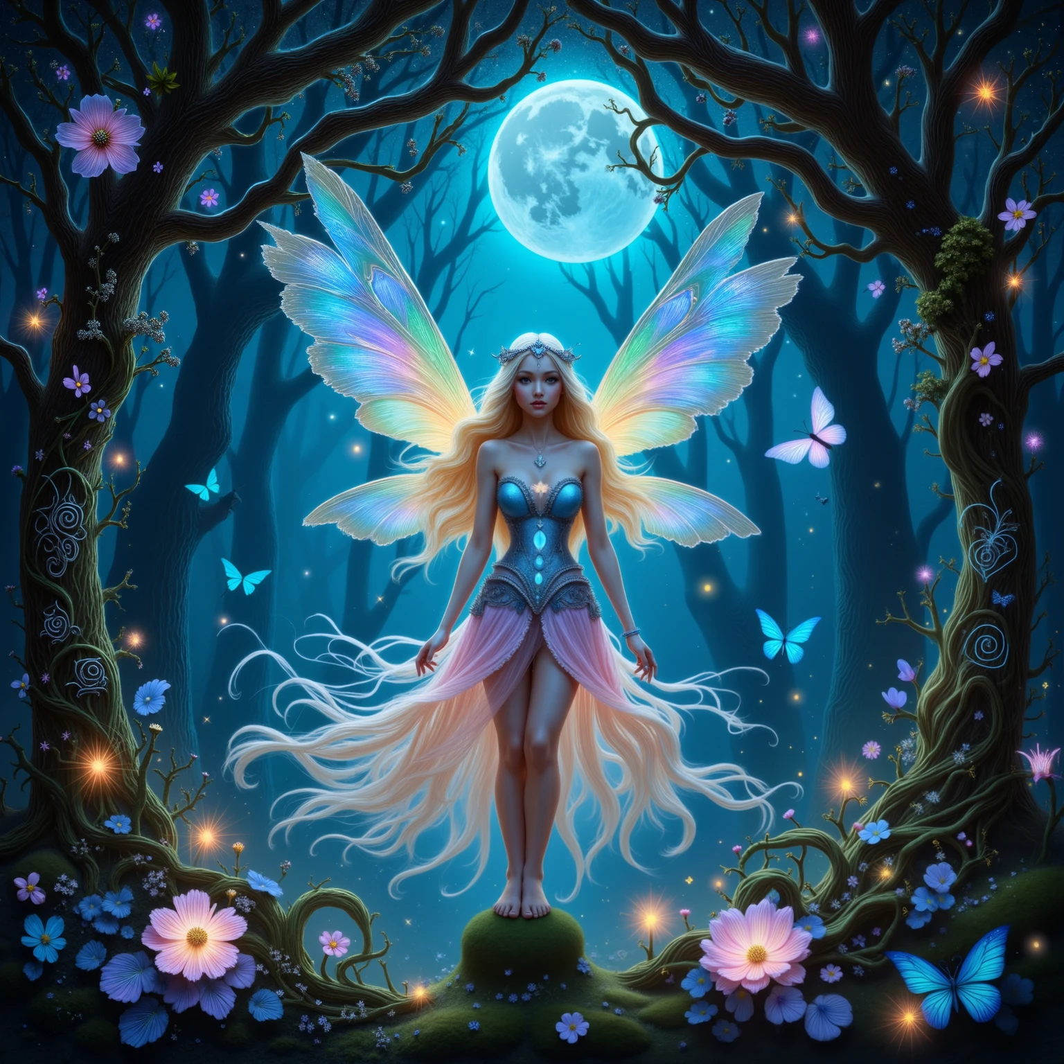 In a luminescent glade where moonlight dances upon dew-kissed petals, a fairy princess flutters gracefully, her delicate gossamer wings shimmering with iridescent hues. She stands atop a moss-covered stone, surrounded by a canopy of ancient trees whose bark is etched with swirling runes, whispering secrets of forgotten magic. Vines adorned with bioluminescent flowers spiral around her feet, their soft glow illuminating the intricate jeweled crown perched upon her flowing hair, woven with silver threads and adorned with tiny blossoms. Around her, fireflies weave a living constellation, while a gentle breeze carries the sweet melody of nightingales, echoing the magic that pulsates through the enchanted forest.