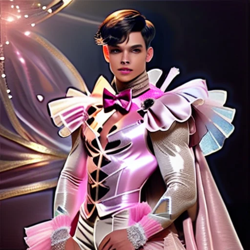 realism, white gloves, wings, curtains, bow, vest, solo, navel, hands on hips, frills, black bow, pink rose, black bowtie, full body view, detached sleeves, black background, arms at sides, bowtie, silk, pink shirt, looking at viewer, different poses, white pants, cowboy shot, high fashion, lace, 1boy, cape, velvet, black hair, sparkle, cross, pink bow