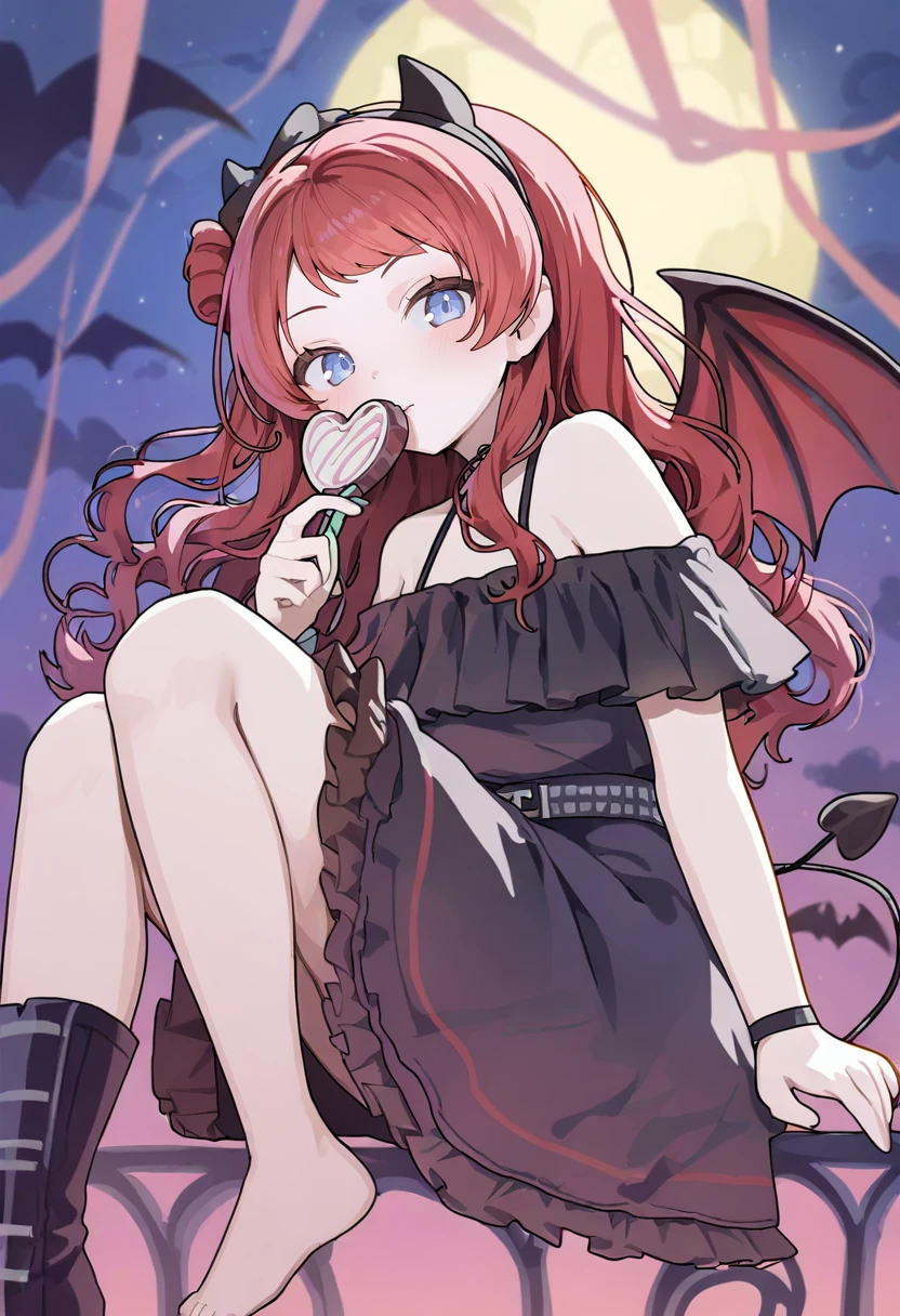 <lora:ningenMameXL_il_lokr_V53P1:0.95> 1girl, solo, dress, horns, black dress, candy, blue eyes, wings, food, looking at viewer, boots, red hair, blush, sitting, frilled dress, long hair, holding candy, holding, heart, holding food, demon horns, lollipop, demon wings, off-shoulder dress, bangs, tail, frills, fake horns, barefoot, sky, off shoulder, moon, demon tail, bare shoulders, choker, wavy hair, holding lollipop, hairband