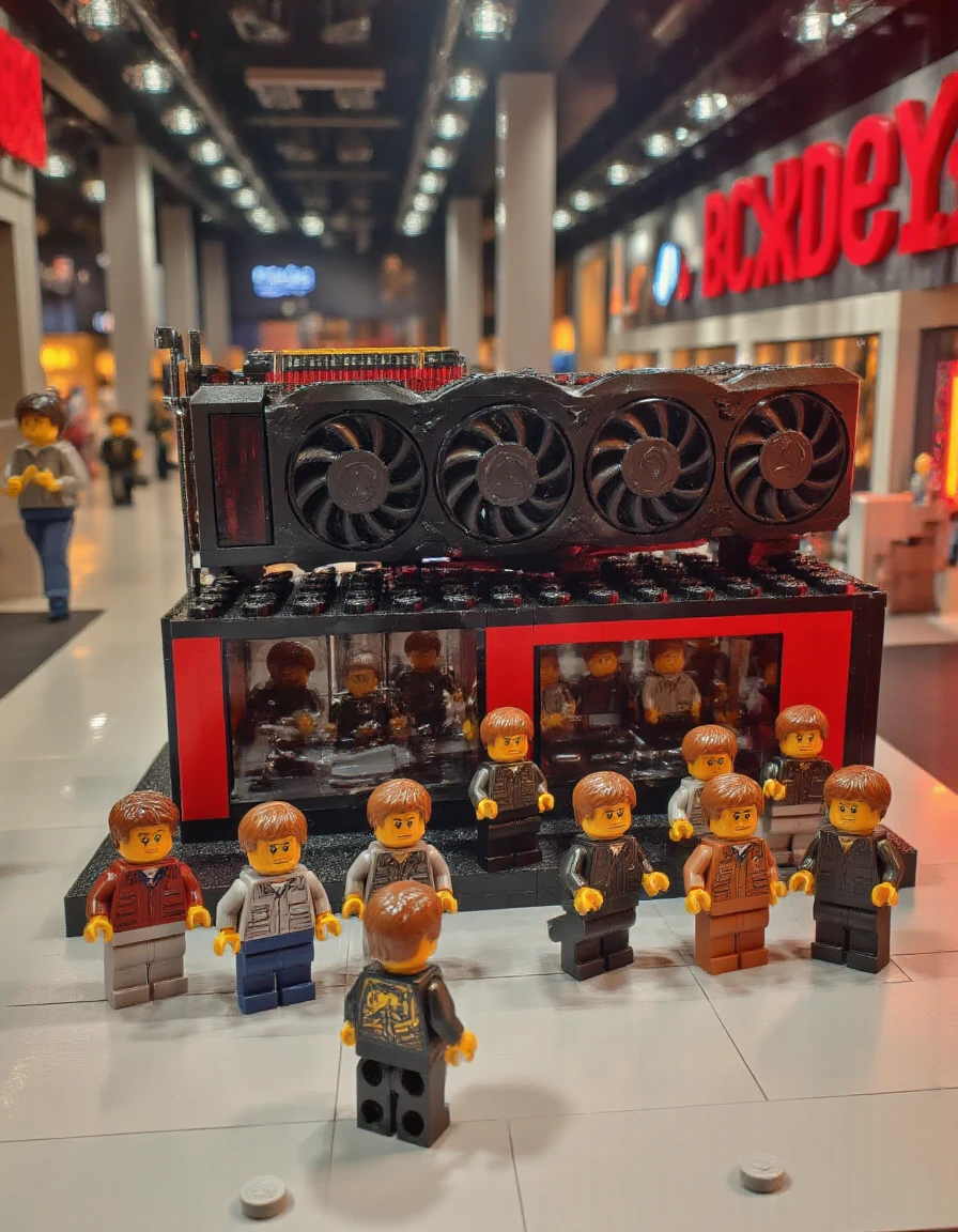 <lora:Lego_Set_Maker:1> Lego version of a Radeon RX 7900 XTX <lora:Radeon_7900XTX:1> in the middle of a showroom with lego people looking at it.  <lora:Cinematic_Lego:1>