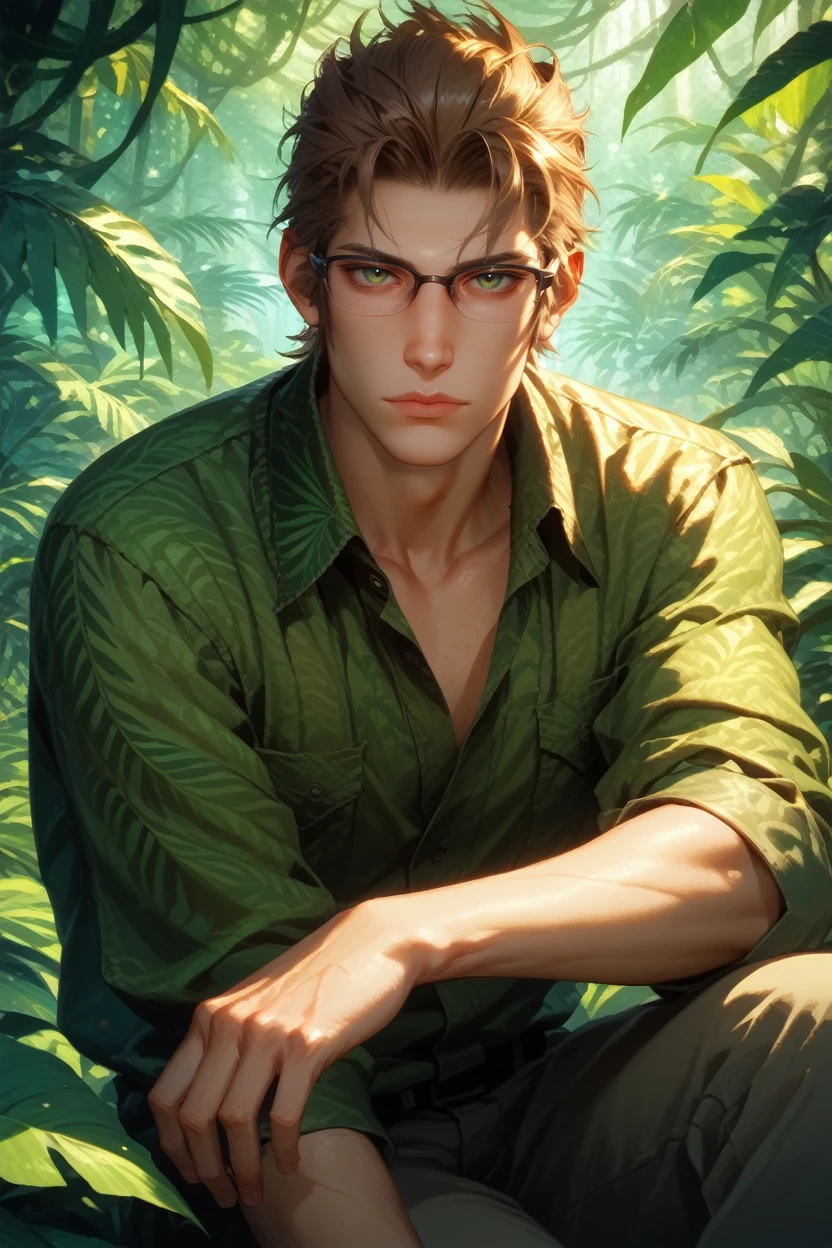 score_9, score_8_up, score_7_up,
<lora:FFIgnis:0.8>
FFIgnis, 1boy, brown hair, green eyes, glasses, looking at viewer, Rainforest canopy with sunbeams, vibrant and lush, sitting