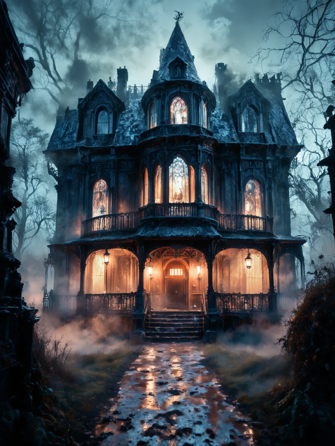 score7_up, <lora:Misty-Halloween_pXL_LOREVER-000010:1> hallomist, Photography of a manor in the mist, strange atmospher, fog, in the night, dark scenery,  detailed realistic architecture, perfect contrasts, detailed shadows, low key lighting