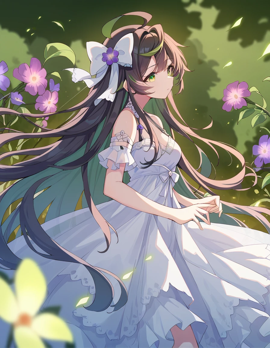 score_9, score_8_up, score_7_up, score_6_up, source anime,
masterpeice, best quality, very aesthetic, absurdres,
uncensored, <lora:AuroraPonyV1.0:0.7>,
staurora, staurora-cwedding,
dress, long hair, flower, white dress, green eyes, hair bow, white bow, black hair, multicolored hair, ahoge, bangs, very long hair, breasts, purple flower, ribbon, 1girl, green hair, see-through