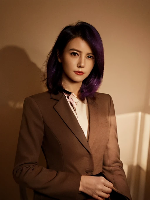 1girl,purple hair,medium hair,messy hair,light makeup,suit,(RAW photo:1.2),(photorealistic:1.2),(masterpiece:1.2),(best quality:1.2),(detailed eyes),realistic style,Rembrandt Lighting style,shadow,a gloomy environment,dynamic light and shadow,rim light,silhouette,purple light and shadow,<lora:gyy>,contrast,Steampunk mecha,