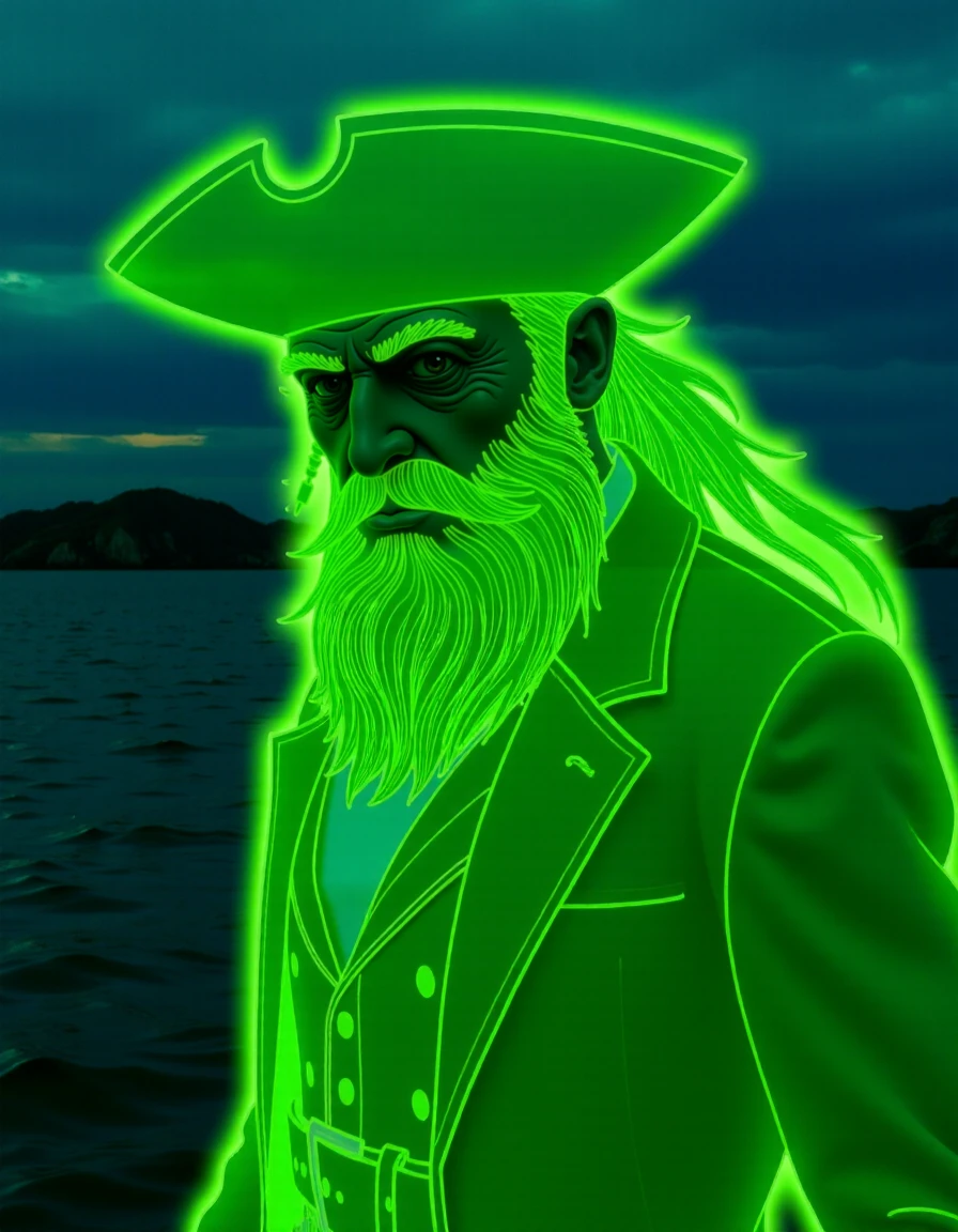 cinematic still HDR photo of analog film photo photograph,  <lora:Flying_Dutchman_FLUX:0.75> hyper realism, ghost, pirate, ghost pirate, green-glowing transparent, bearded, facial hair, mustache, tattered hat, tattered clothes, transparent, coat, belt, ghost tail, A green-glowing ghost pirate looking at the viewer, portrait, bored, lowered eyelids, portrait, . faded film, desaturated, 35mm photo, grainy, vignette, vintage, Kodachrome, Lomography, stained, highly detailed, found footage . High dynamic range, vivid, rich details, clear shadows and highlights, realistic, intense, enhanced contrast, highly detailed . emotional, harmonious, vignette, highly detailed, high budget, bokeh, cinemascope, moody, epic, gorgeous, film grain, grainy