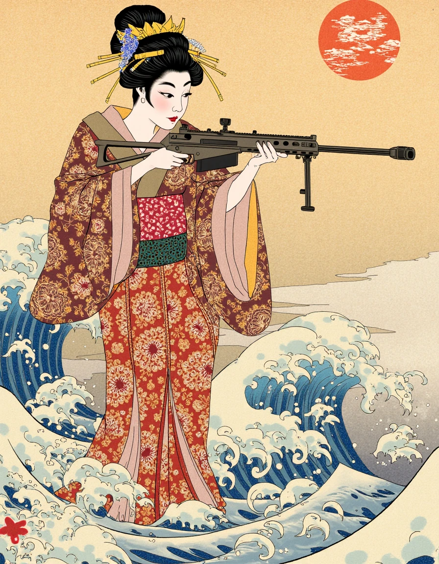 This is a work of ukiyo-e. A beautiful geisha wearing an ornate kimono aims a Barrett M82, ocean in the background, surreal art, <lora:flux-ukiyoe:0.75>, <lora:Barrett_M82:1>, weapon, gun, rifle, sniper rifle, scope, military