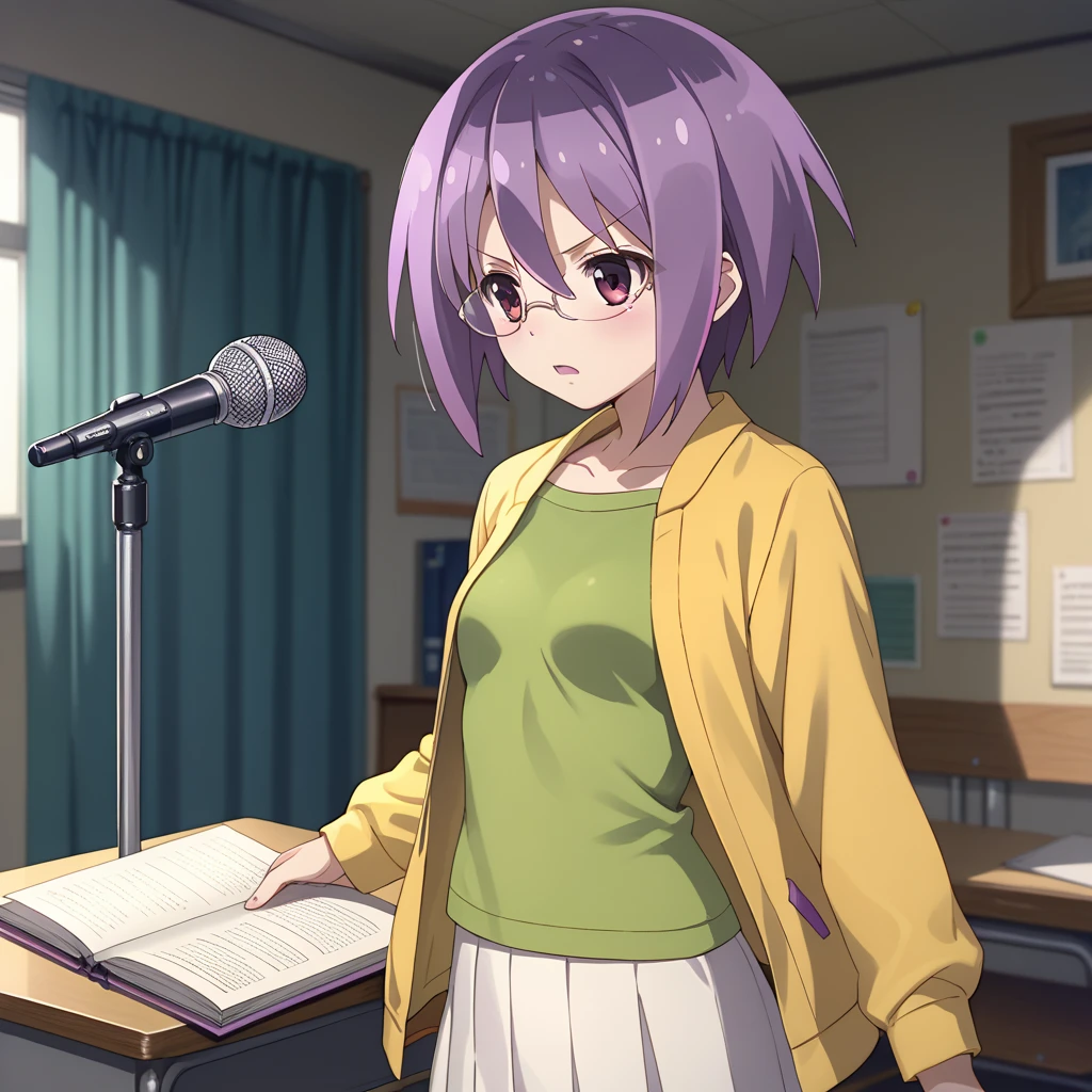 score_9, score_8_up, score_7_up, 1girl, solo, uncensored, futabaichinose, serious, holding notebook, reading, standing, open mouth, glasses, short purple hair, green shirt, yellow jacket, white skirt, indoors, studio, booth, microphone stand <lora:FutabaIchinoseXL_v1.0:1>