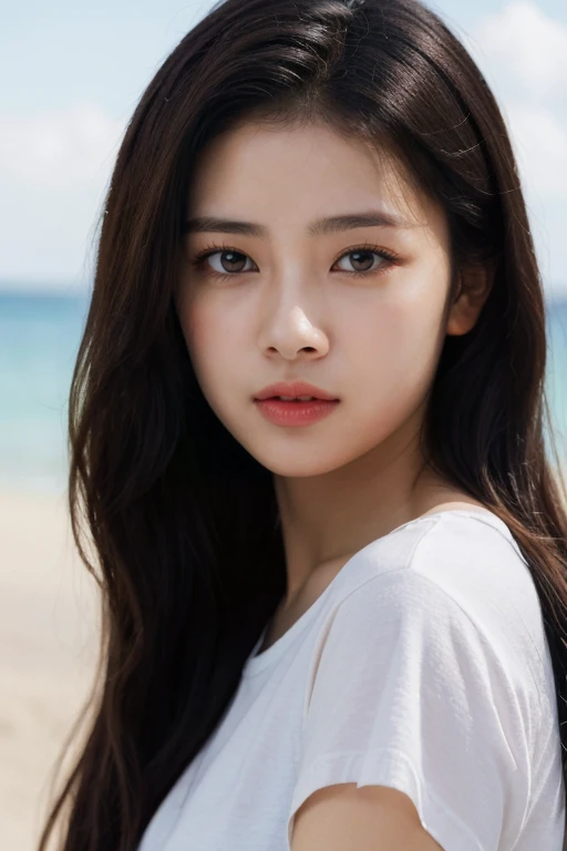 masterpiece, best quality, ultra-detailed, ultra high res, (photorealistic:1.4), raw photo, (realistic:0.2), 8k HDR, realistic cool temperature lighting, (asian:0.2), 1girl, solo, asymmetrical hair, outdoor, day, (simple background:1.2), bokeh, (detailed lips), (detailed pores), (detailed skin textures with pinkish tinge), (detailed face:1.2), (upper body:1.2), a woman in a white t-shirt, promotional image, a character portrait,