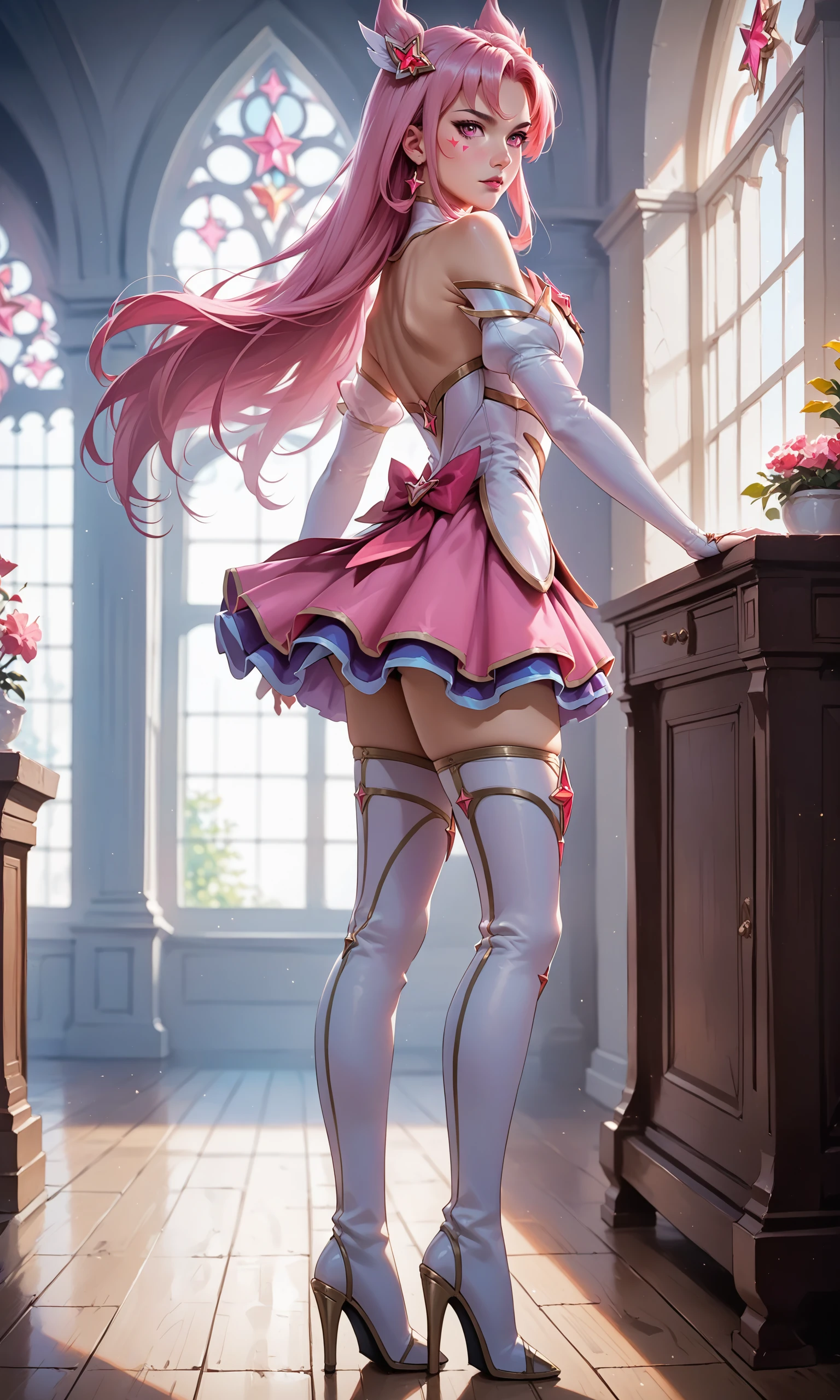 score_9, score_8_up, score_7_up, (1girl), (absurdres, ,highres), (masterpiece, best quality), (perfect details, highest detailed, extreme detailed),

, (star guardian kaisa, pink eyes, long hair, pink hair, hair ornament, thighhighs, bare shoulders, bangs, skirt, detached sleeves, boots, high heels, fingerless gloves, elbow gloves, thigh boots, pink skirt, facial mark, full body, back ribbon),
from the side, indoors, looking at viewer, standing