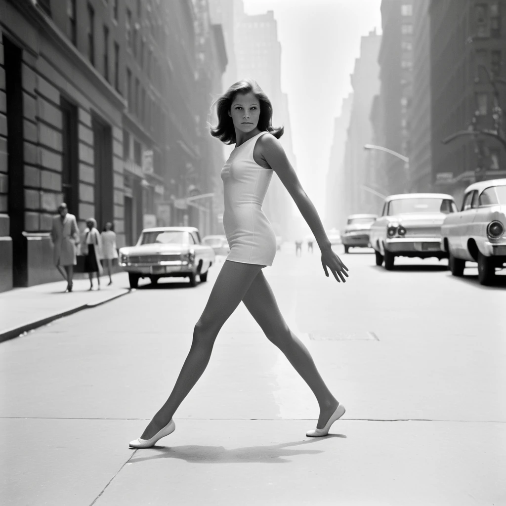 1960s, new york street, haze, young usa woman posing in a strange pose. strong contrast, best proportions, <lora:strange_poses:1>, anatomically correct hands, anatomically correct feet, anatomically correct palms,