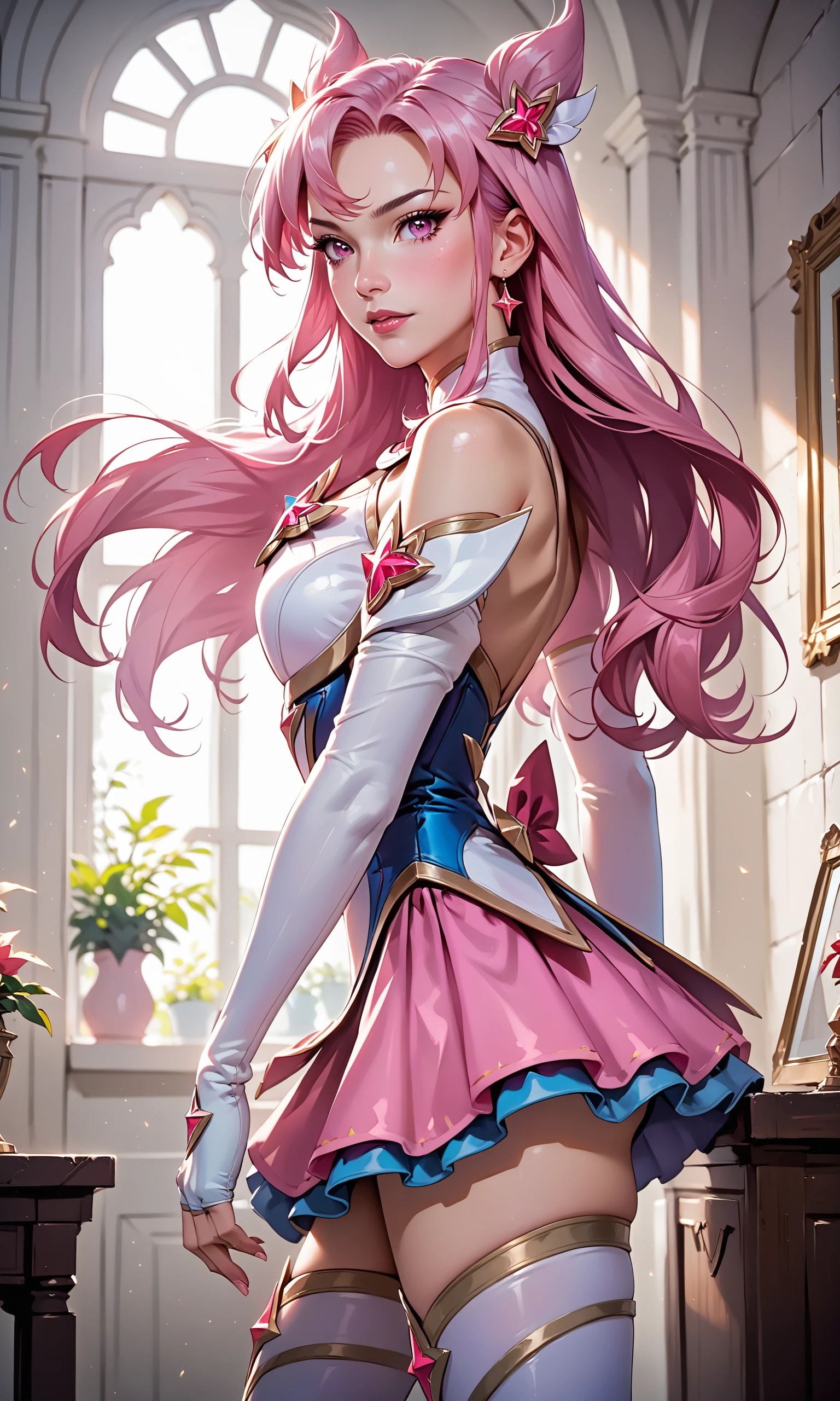 score_9, score_8_up, score_7_up, (1girl), (absurdres, ,highres), (masterpiece, best quality), (perfect details, highest detailed, extreme detailed),

,  (star guardian kaisa, thighhighs, pink hair, long hair, hair ornament, pink eyes, elbow gloves, fingerless gloves, thigh boots, pink skirt, full body), high heels, from the side, indoors, looking at viewer, standing