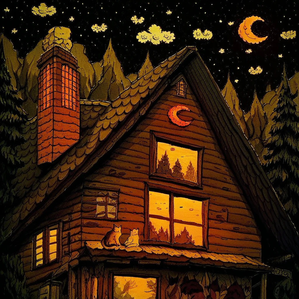 score_9, score_8_up, score_7_up, score_6_up, hllwn, halloween, vintage, tree, moon, crescent moon, night, sky, star (sky), no humans, night sky, house, starry sky, outdoors, window, scenery, traditional media, building, cat