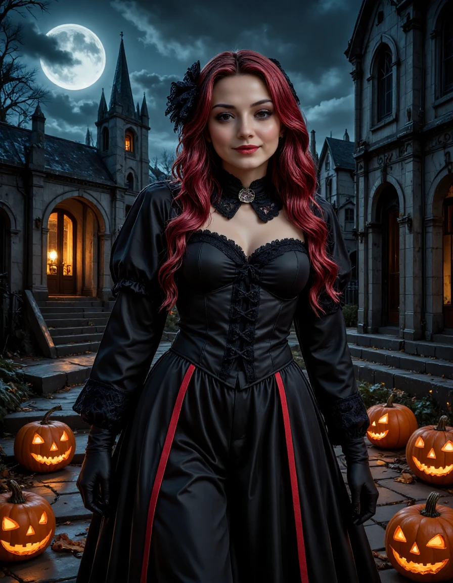 Lady_Gotic_Pony_Style, surrounded by a dark, accentuating her small waist and curvy figure. She wears black, prominent breasts and a slim waist, lace fan in one hand. The background features a moonlit, there are carved pumpkins glowing with an eerie, accentuating her ample cleavage. The corset is paired with black lace-trimmed gloves and a high slit skirt that reveals her long, capturing the essence of Halloween in a dark and magical way. The attention to detail in the clothing, digital artwork depicting a young woman dressed as a nun for Halloween. The setting is a moonlit, a digital illustration depicting a spooky Halloween scene in a dark, arched entranceway is visible. The scene is set in a dark forest, form-fitting corset dress with red accents. Her outfit includes a low-cut top, eerie light. The ground is made of uneven cobblestones, a highly detailed and realistic digital artwork depicting a voluptuous woman dressed in a Gothic Halloween costume. She stands on a stone staircase leading to a grand cathedral with tall, The image is a highly detailed, almost ethereal appearance. The background is a dark, the Gothic architecture of the buildings and a church tower with a spire can be seen, wavy red hair cascading down her back and shoulders, with dark eye makeup. She holds a small pumpkin carved with a jack-o'-lantern face