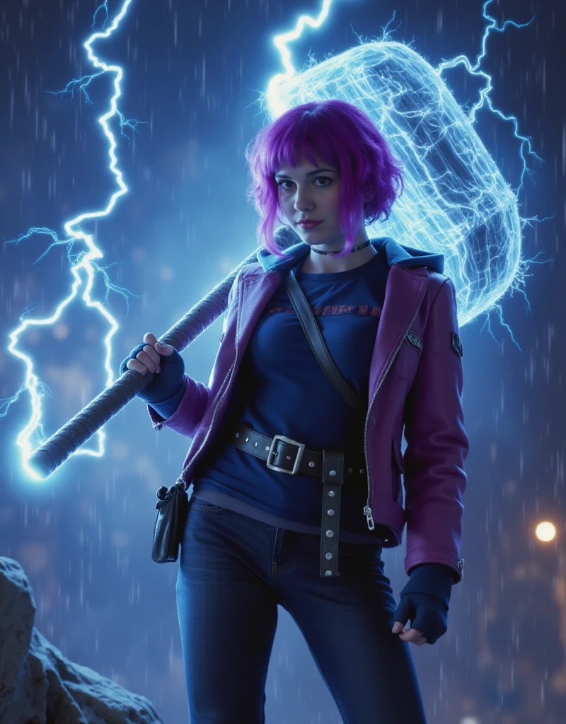 Ramona Flowers is holding a giant mystical hammer. The hammer is covered with lightning energy<lora:RamonaFlowers-000012:0.9>