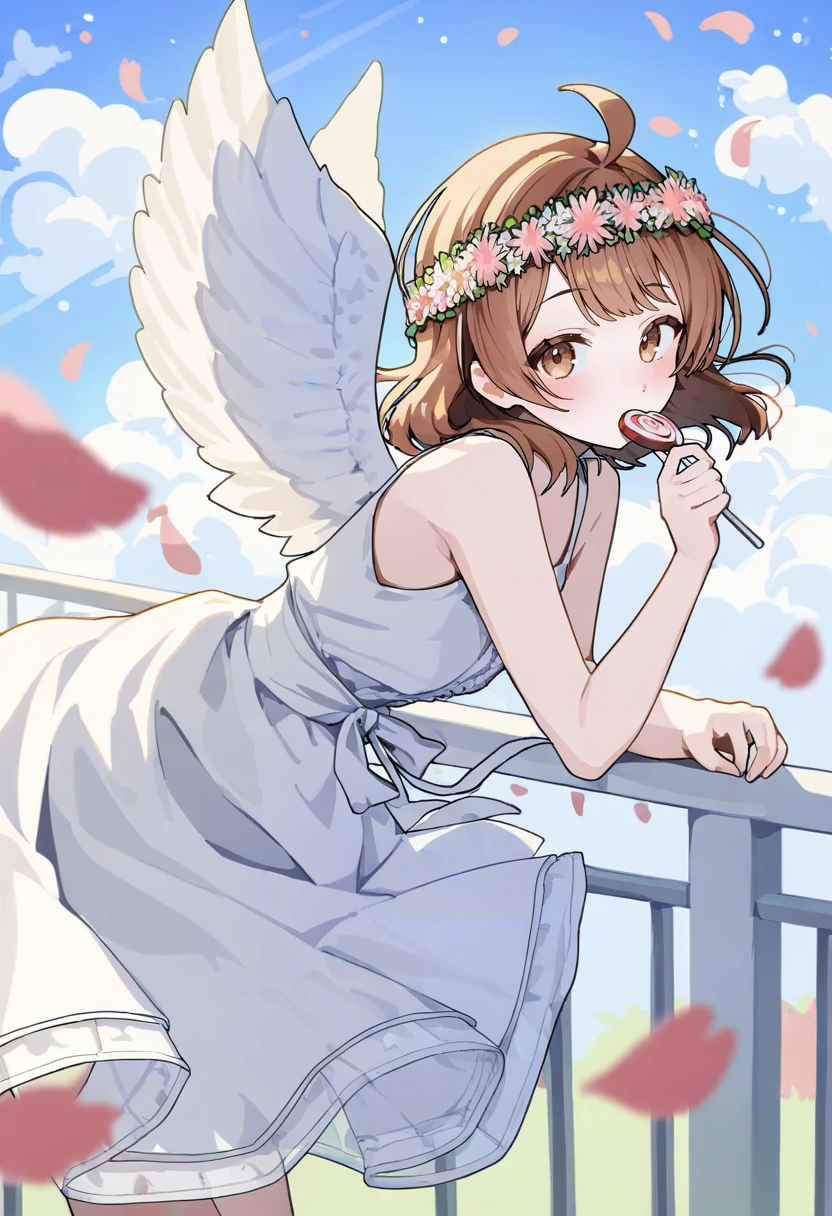 <lora:ningenMameXL_il_lokr_V53P1:0.95> 1girl, solo, dress, food, white dress, candy, brown hair, wings, sky, lollipop, looking at viewer, head wreath, angel wings, holding, holding food, railing, holding candy, cloud, blue sky, white wings, flower, petals, feathered wings, outdoors, bangs, blush, sleeveless, ahoge, day, leaning forward, holding lollipop, flower wreath, sleeveless dress, brown eyes, ribbon