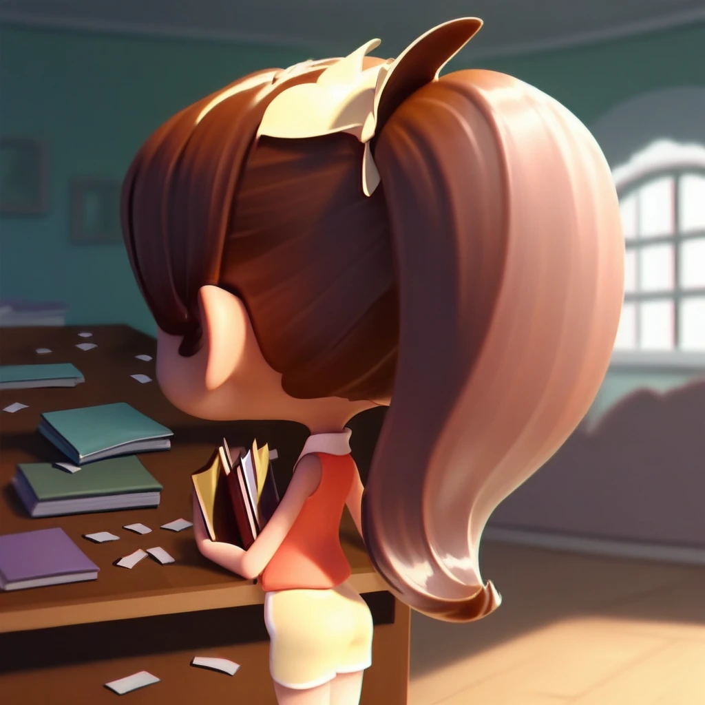 Score_9, score_8_up, score_7_up, cgi, sunny-sp3ll, 1girl, brown hair, solo, long hair, ponytail, book, shorts, sleeveless, from behind, shirt, ribbon, bow, hair bow, indoors, hair ribbon, chibi