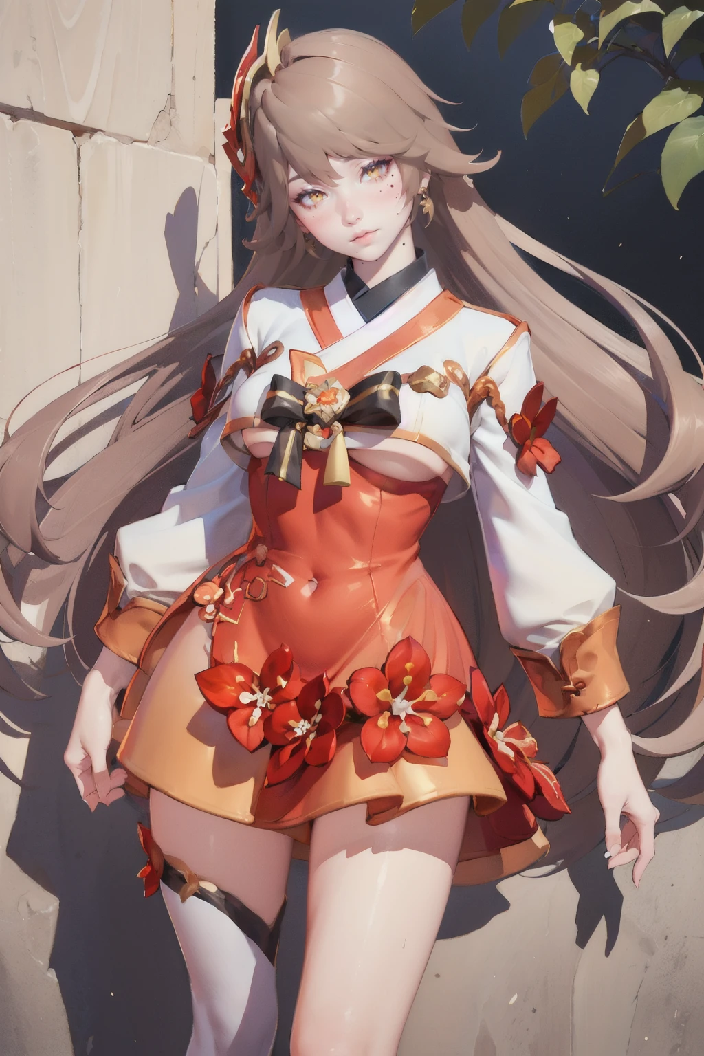 <lora:Sinestrea_Folwer_Of_Seoul_AoV_Model_LoRA:0.8>, Sinestrea_FoS, 1girl, solo, long hair, hair ornament, brown hair, bangs, earrings, looking at viewer, yellow eyes, mole, mole under eye, lips, closed mouth, breasts, mediun breasts, dress, short dress, japanese clothes, long sleeves, skirt, orange skirt, legs, thighhighs, white thighhighs, single thighhigh, floral print, anklet, barefoot, jewelry, bell
, upper body, best quality, ultra high res, (photorealistic:1.4), masterpiece, real life skin, hyper real