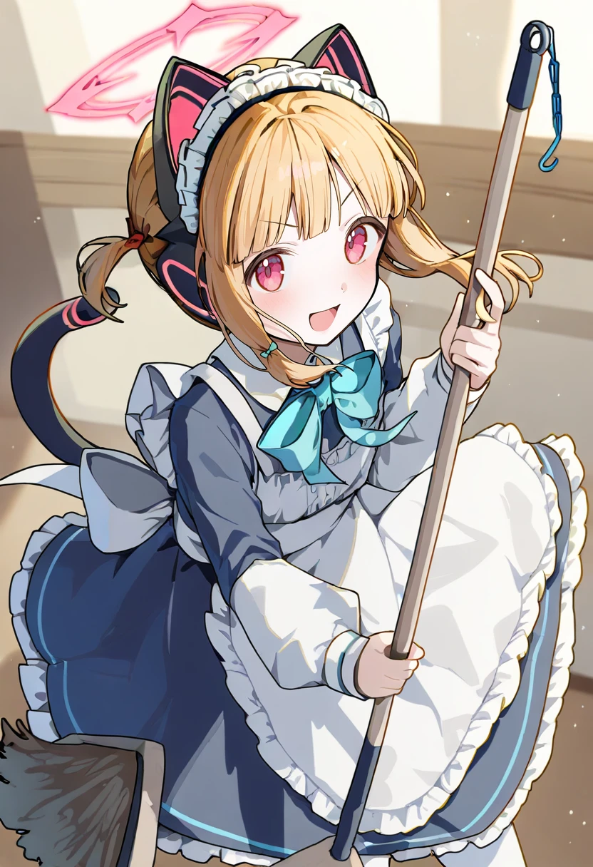 <lora:ningenMameXL_il_lokr_V53P1:0.95> 1girl, animal ear headphones, solo, animal ears, halo, blonde hair, fake animal ears, maid headdress, apron, tail, cat ear headphones, maid, momoi \(blue archive\), holding, maid apron, headphones, holding broom, frills, looking at viewer, cat tail, enmaided, broom, red eyes, cat ears, alternate costume, bow, long sleeves, dress, mop, open mouth, blue bow, bangs, frilled apron, white apron, sidelocks, smile, blush, pink eyes