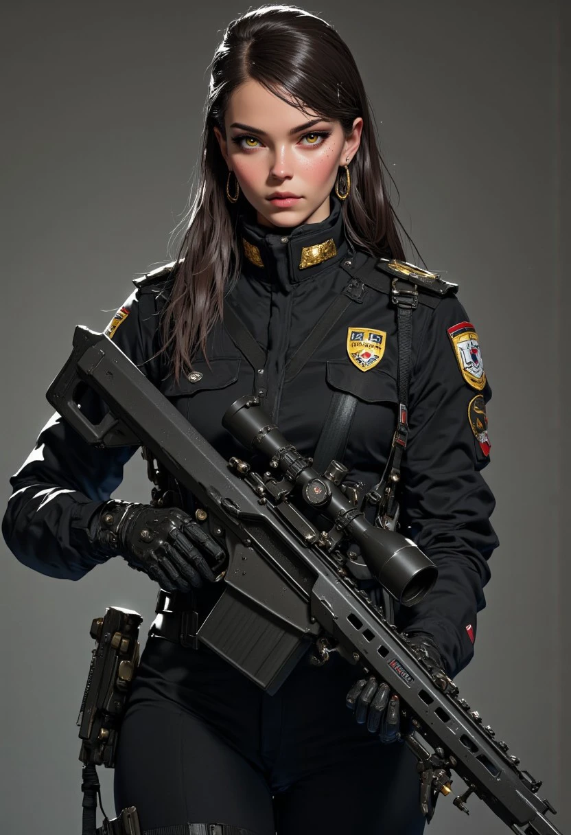 a beautiful girl in a black uniform holds a Barrett M82 sniper rifle in her hands