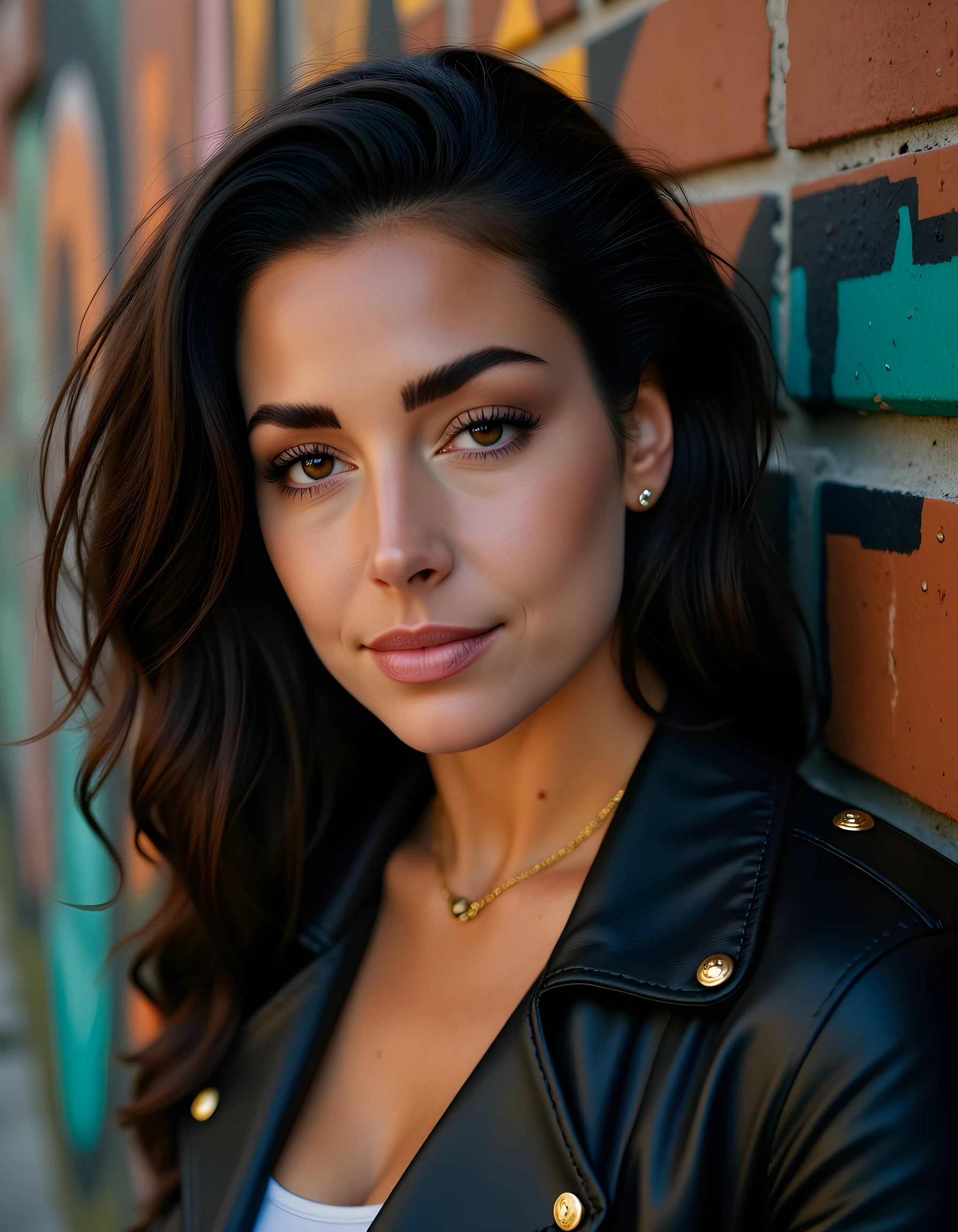 In a gritty, urban-noir scene, the captivating D3N1C3A, with her raven-black hair cascading in waves down to her shoulders, is posed against a graffiti-covered brick wall, her piercing brown eyes half-closed in a knowing, enigmatic smile. Her lips are parted slightly, revealing a perfect row of white teeth as she gazes intently at the viewer. A delicate gold necklace adorns her slender neck, and small silver hoop earrings glint in the dimly lit alleyway. The camera angle is low, capturing her from a side perspective, emphasizing the angular planes of her face and the intricate details of her makeup - dark eyeliner, smoky eyeshadow, and glossy lipstick. A single strand of hair falls across her left cheek, adding an element of softness to her otherwise hard-edged appearance. The emotional tone is intense, yet inviting, as if D3N1C3A is daring the viewer to uncover her secrets.