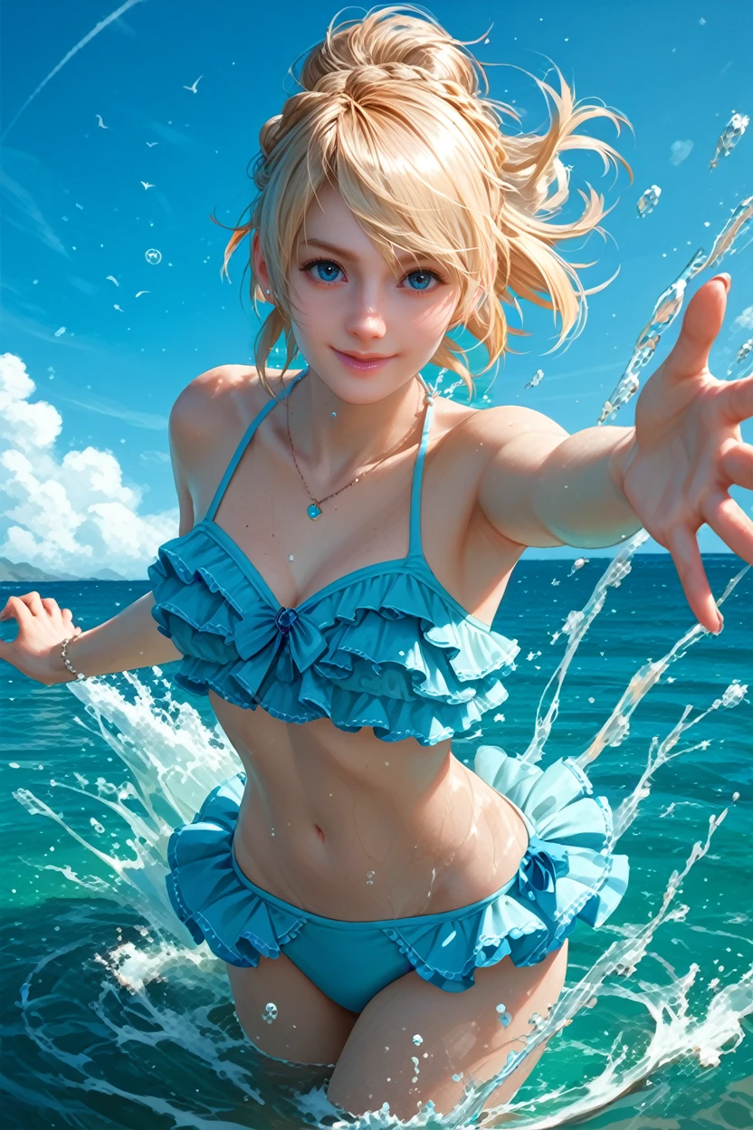 score_9, score_8_up, score_7_up,
<lora:FFLuna:0.8>
FFLuna, 1girl, blonde hair, blue eyes, looking at viewer, ocean, partially submerged, splashing, frilled bikini, smile, reaching, standing, cowboy shot