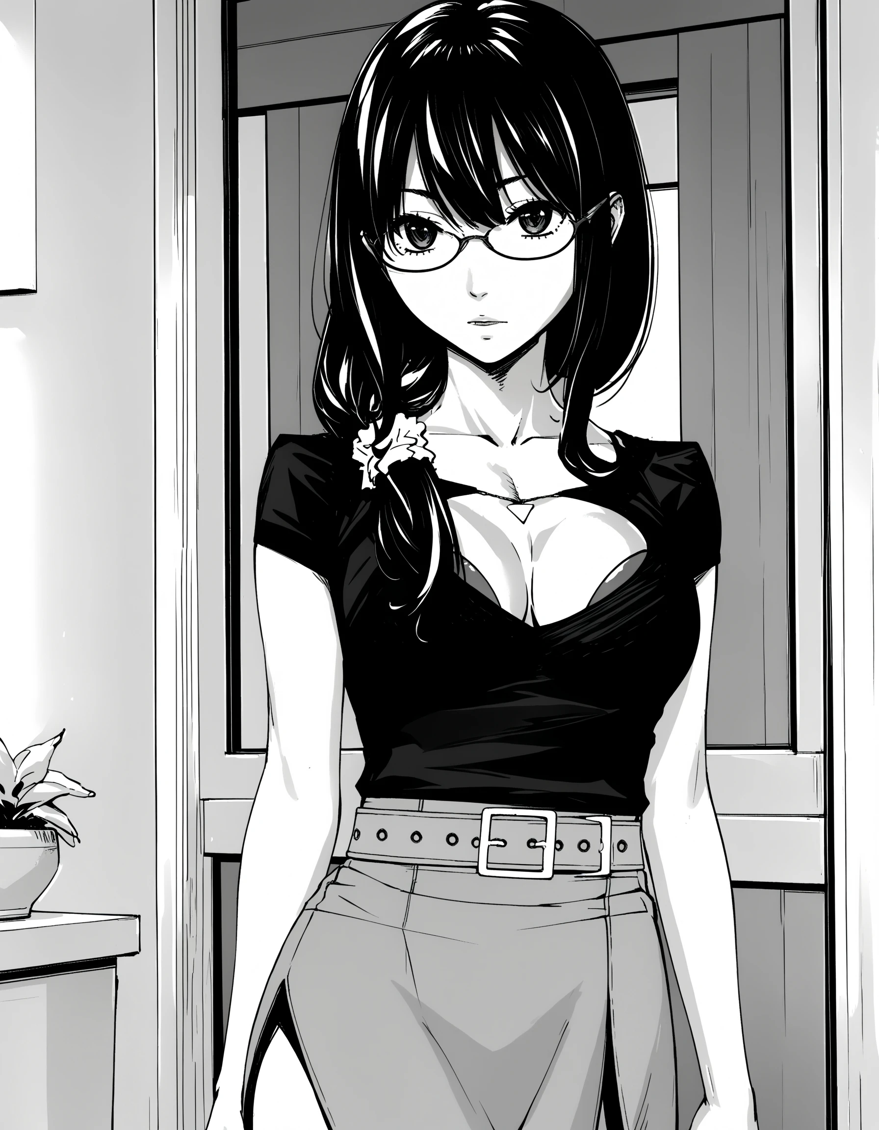 score_9, score_8_up, score_7_up, monochrome
BREAK 1girl, <lora:MikaXL-v3:0.9>, m1ka, long hair, low ponytail, hair over shoulder, hair scrunchie, glasses, necklace, shirt, short sleeves, bra peek, bra, cleavage cutout, cleavage, belt, high-waist skirt, side slit