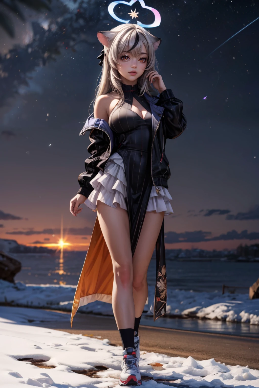 (ultra realistic,32k, masterpiece:1.2),(high detailed skin:1.1),( high quality:1.1), <lora:IllyasvielVonEinzbern_v1:0.7>, zzIllya, looking at viewer, night, outdoors, snowing, sky, BREAK, <lora:Kokona_BlueArchive_Citron:0.8>, zzKokona, grey hair, long hair, multicolored hair, animal ears, streaked hair, black hair, halo, very long hair, tiger ears, breasts, small breasts, brown eyes, orange eyes black dress, black jacket, black socks, full body, long sleeves, pelvic curtain, sneakers, vertical-striped clothes, diamond cutout, off shoulder, standing, white skirt ,H ,BREAK, blooming stars, luminescent petals, otherworldly fragrance blurry background, (looking at viewer, standing:1.1), huge breast, large breast, <lora:add_detail:0.92>, (glowwave:1.1),