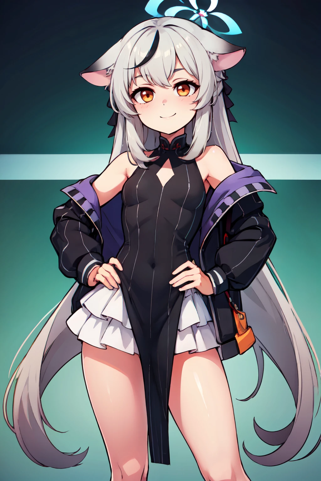 ((masterpiece,best quality)), absurdres, BREAK, , <lora:Kokona_BlueArchive_Citron:0.8>,, zzKokona, grey hair, long hair, multicolored hair, animal ears, streaked hair, black hair, halo, very long hair, tiger ears, brown eyes, orange eyes, black dress, black jacket, black socks, long sleeves, pelvic curtain, sneakers, vertical-striped clothes, diamond cutout, off shoulder, standing, white skirt , BREAK, hip to the side, hand on hip, contrapposto,, BREAK, solo, smile, looking at viewer, cowboy shot,